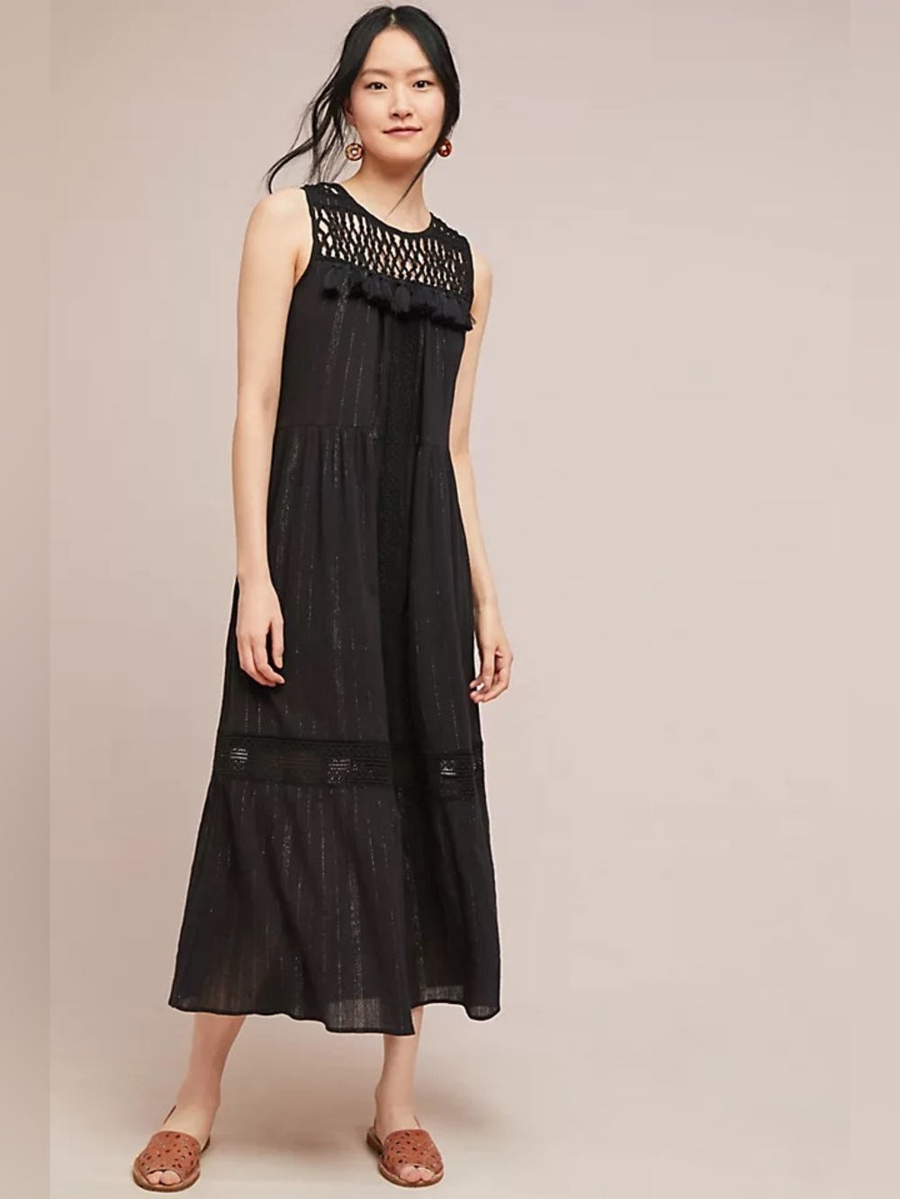 Maeve Anthropologie Abilene Black Crochet Tassel Maxi Dress M
